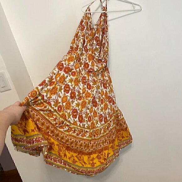 SHEIN White Orange Mustard Floral Border Print Boho Halter Dress ALTERED STRAPS - Picture 12 of 16